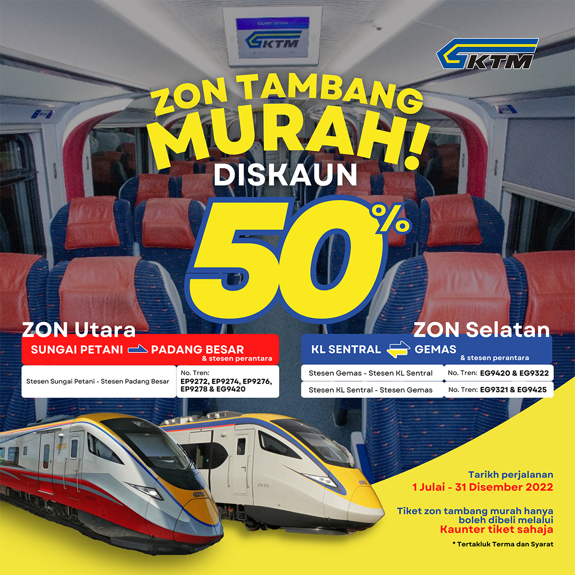 ETS Low Fare Zone, 50% Discount, Travel Date Starting 1st July To 31st December 2022